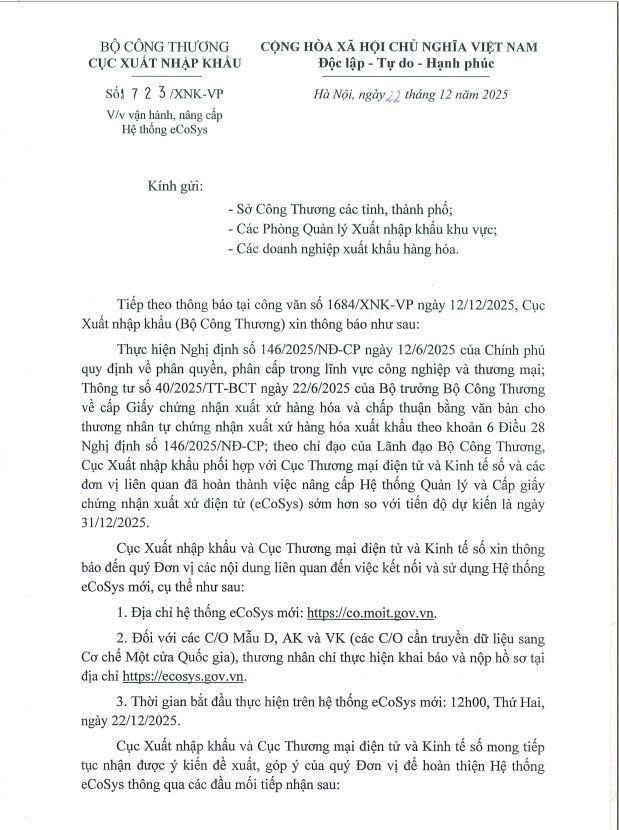 Hệ thống eCoSys 2025 đã chính thức vận hành, nâng cao hiệu quả quản lý C/O.